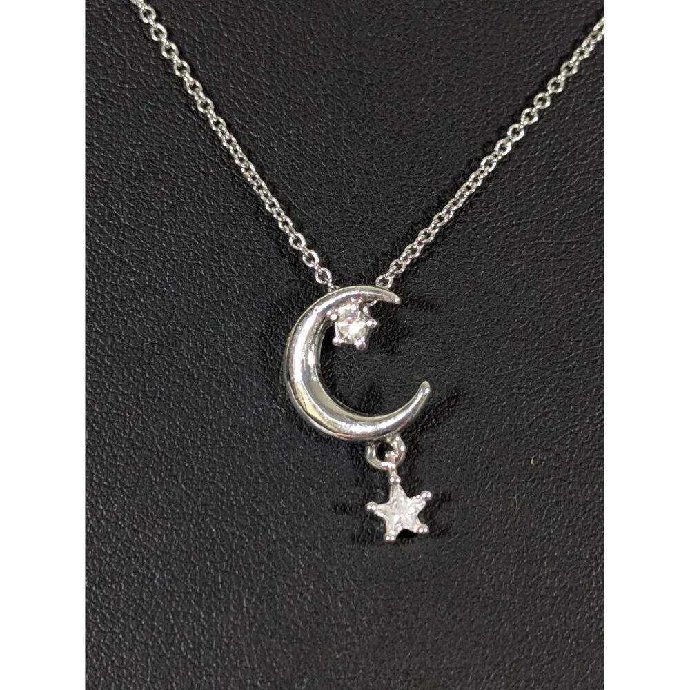 Silver Tone Rhinestone Crescent Moon Star Charm Necklace Dainty 18